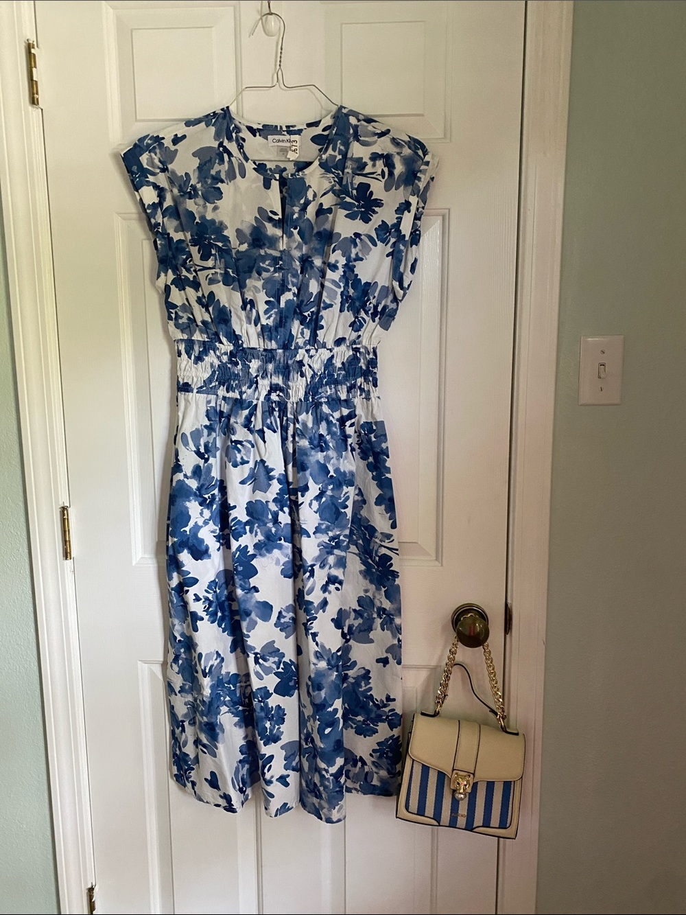 Calvin Klein White Dress with Blue Floral Print and Aldo purse